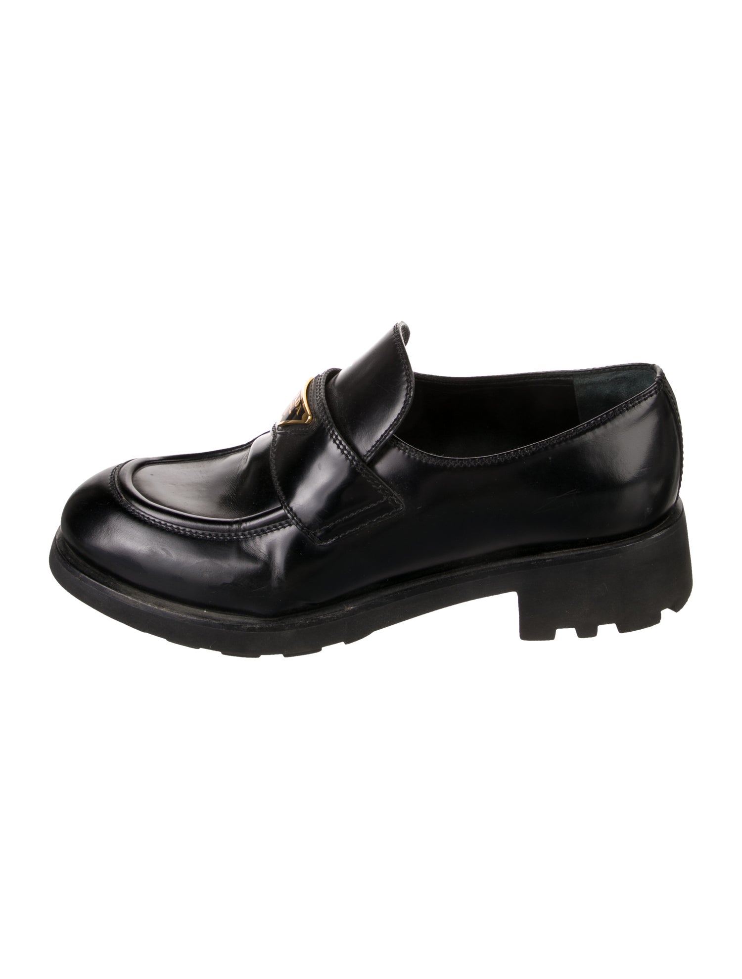 Prada Enameled Metal Triangle Leather Loafers