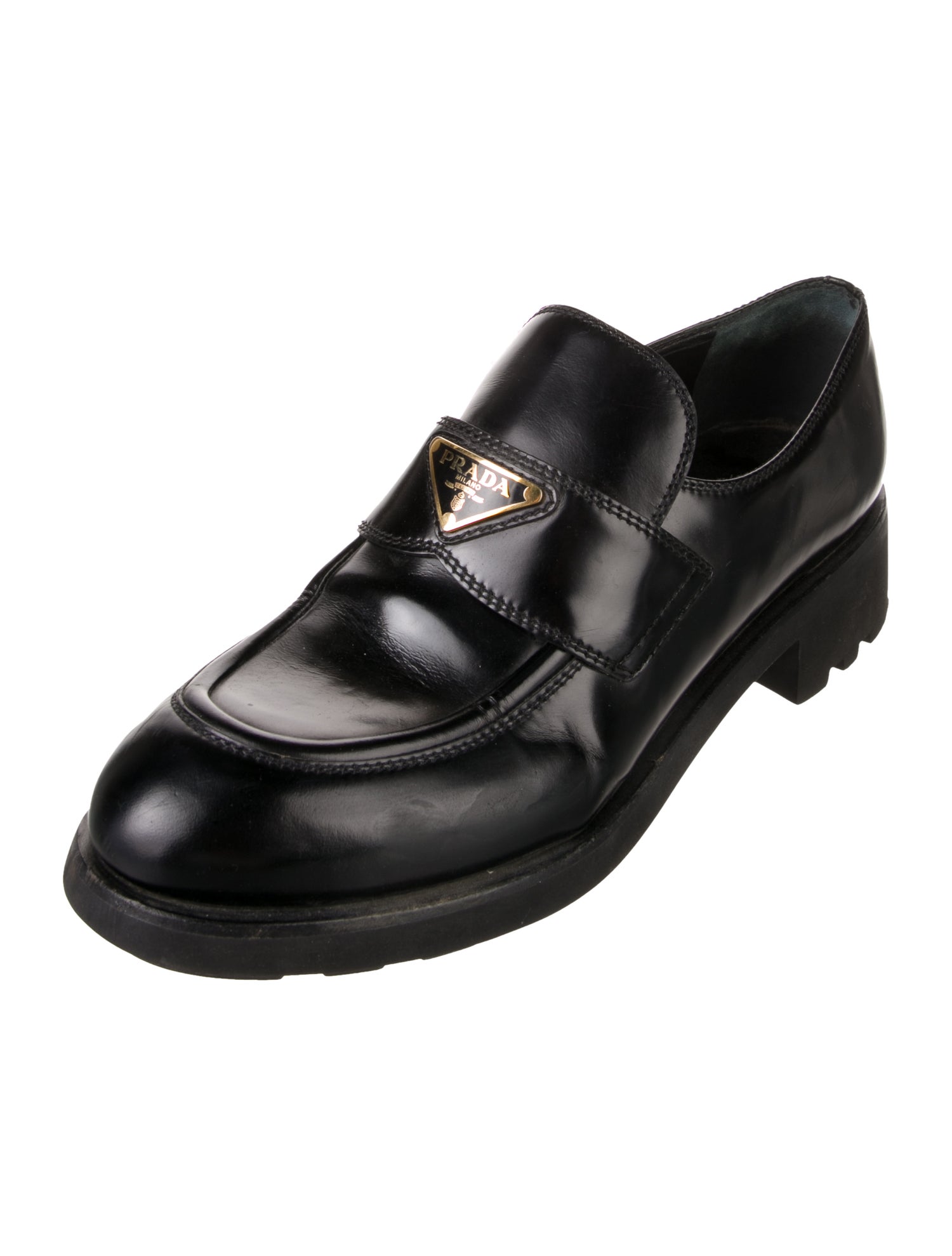 Prada Enameled Metal Triangle Leather Loafers