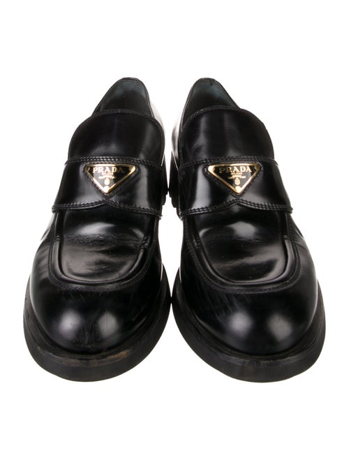 Prada Enameled Metal Triangle Leather Loafers