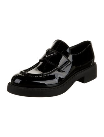 Prada Enameled Metal Triangle Patent Leather Oxfords