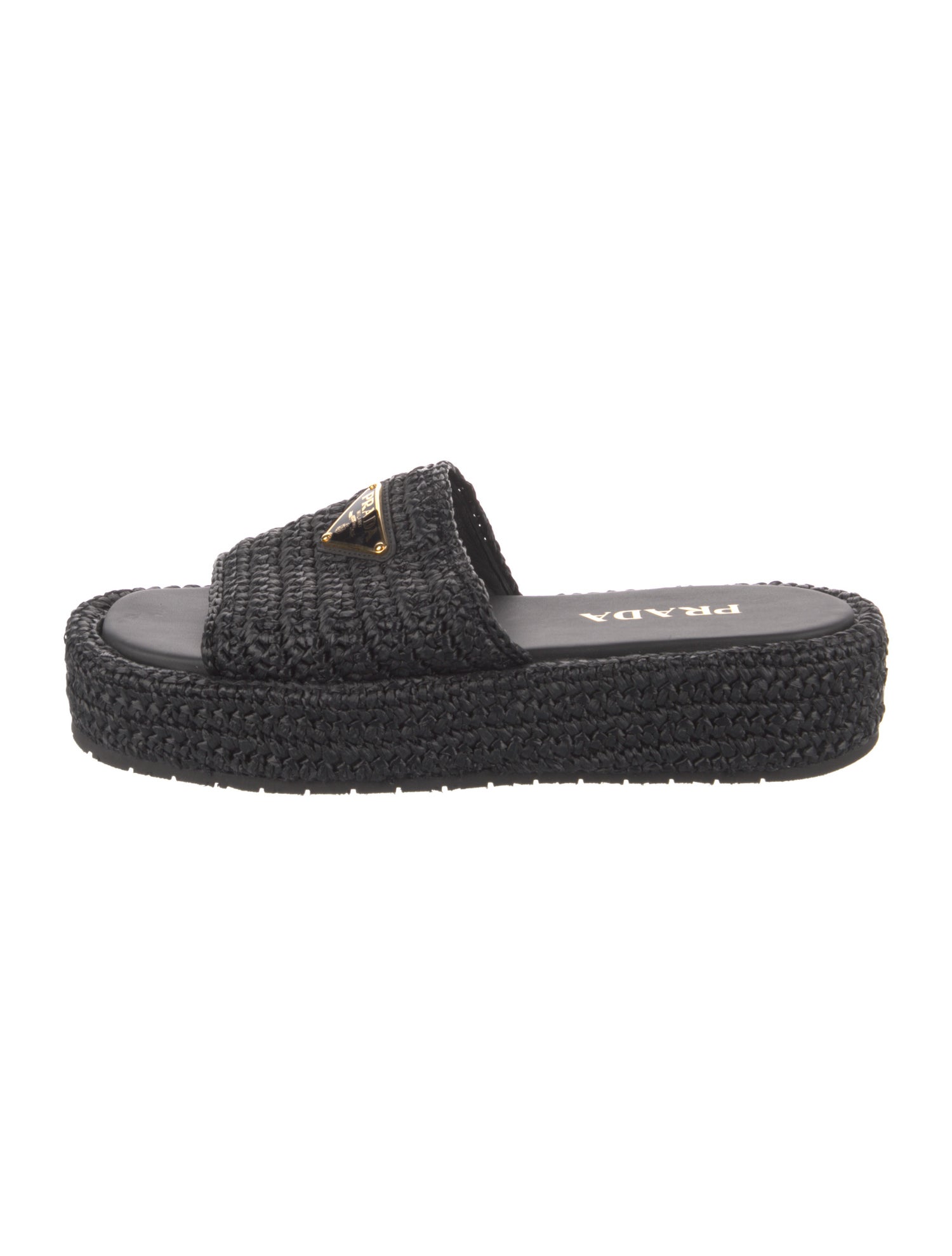 Prada Enameled Metal Triangle Straw Espadrilles