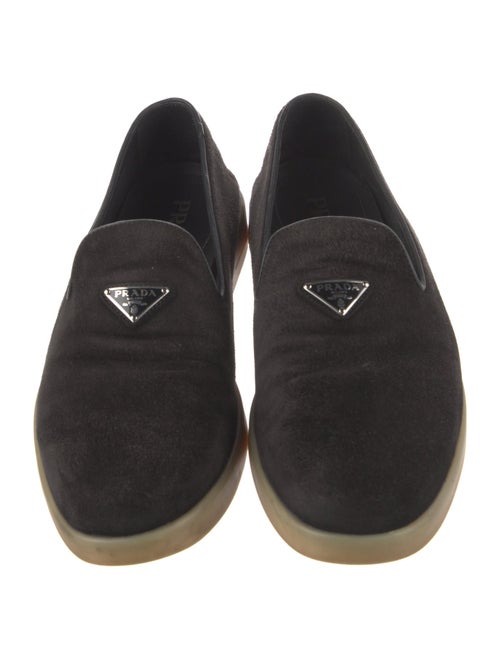 Prada Enameled Metal Triangle Suede Loafers
