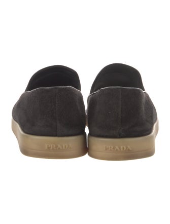 Prada Enameled Metal Triangle Suede Loafers