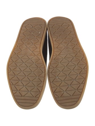 Prada Enameled Metal Triangle Suede Loafers