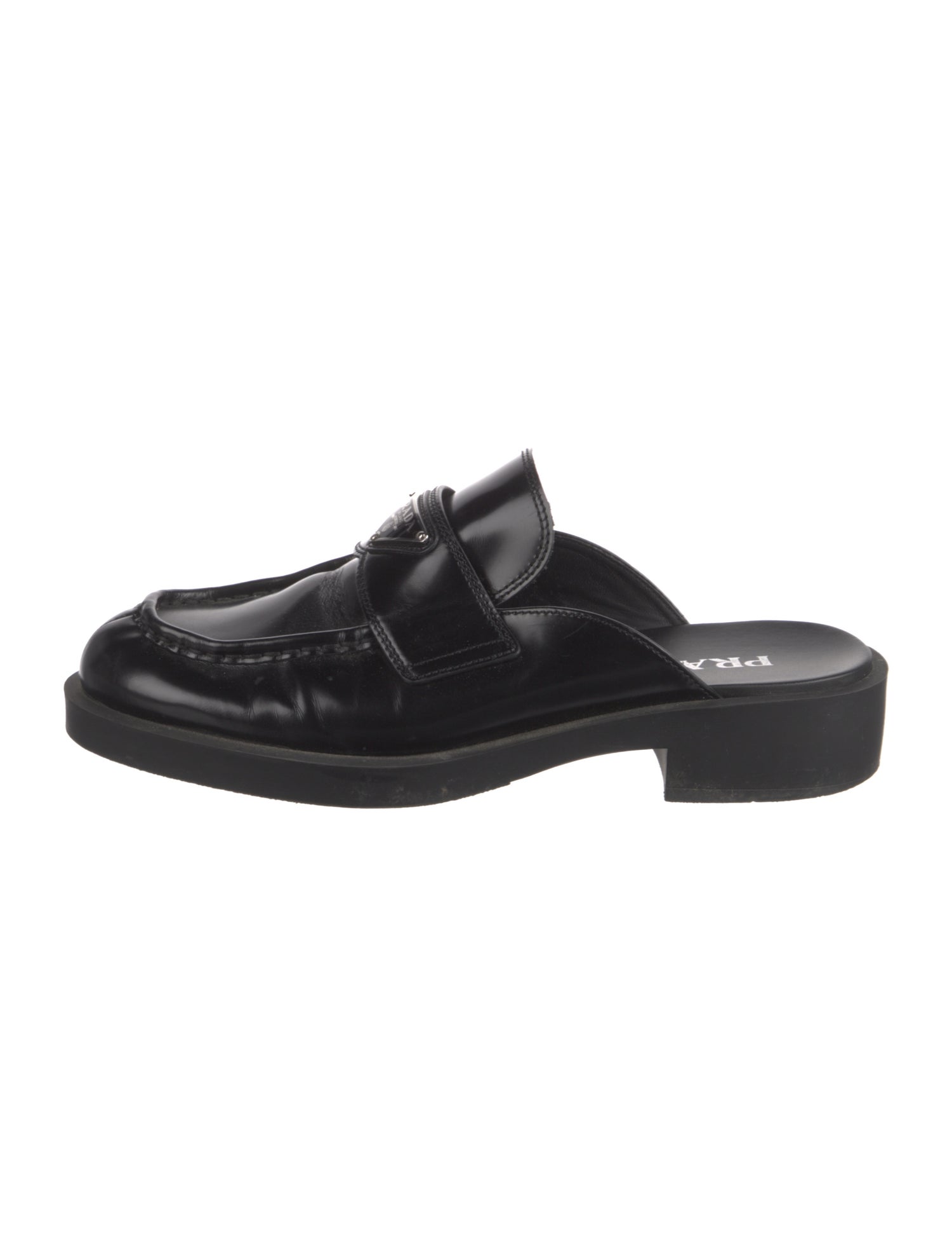 Prada Enameled Metal Triangle Patent Leather Mules