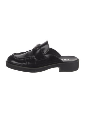 Prada Enameled Metal Triangle Patent Leather Mules