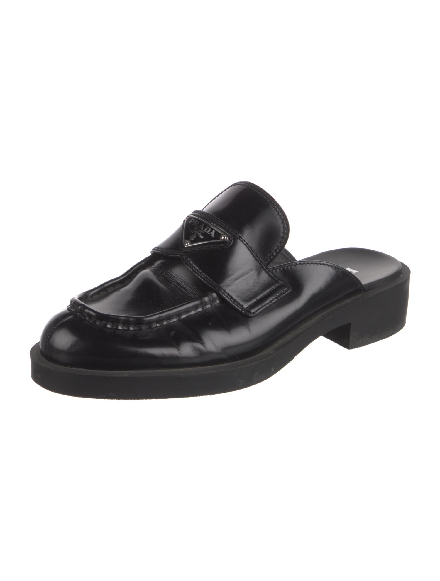Prada Enameled Metal Triangle Patent Leather Mules