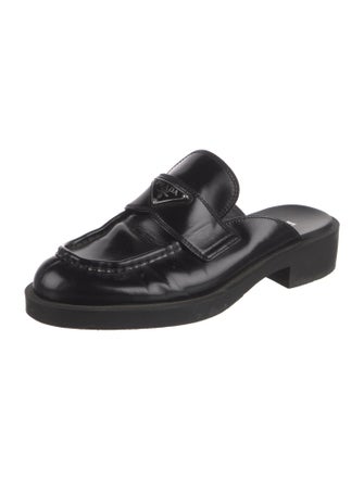 Prada Enameled Metal Triangle Patent Leather Mules