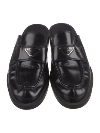 Prada Enameled Metal Triangle Patent Leather Mules