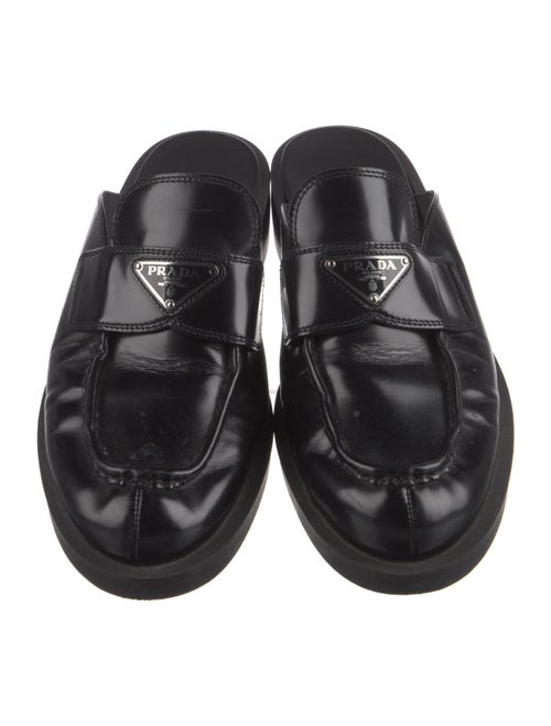 Prada Enameled Metal Triangle Patent Leather Mules