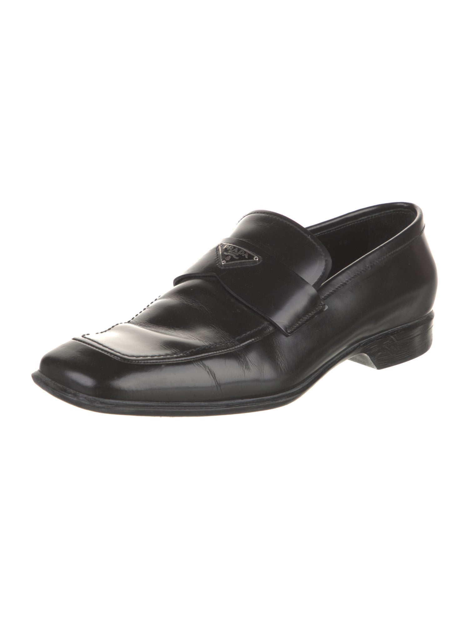 Prada Patent Leather Embroidered Accent Loafers
