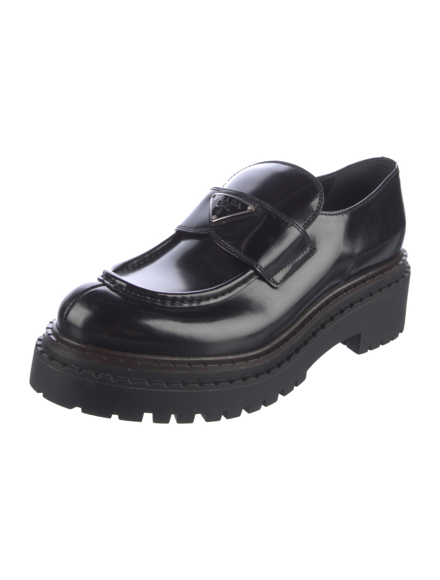 Prada Leather Embroidered Accent Loafers