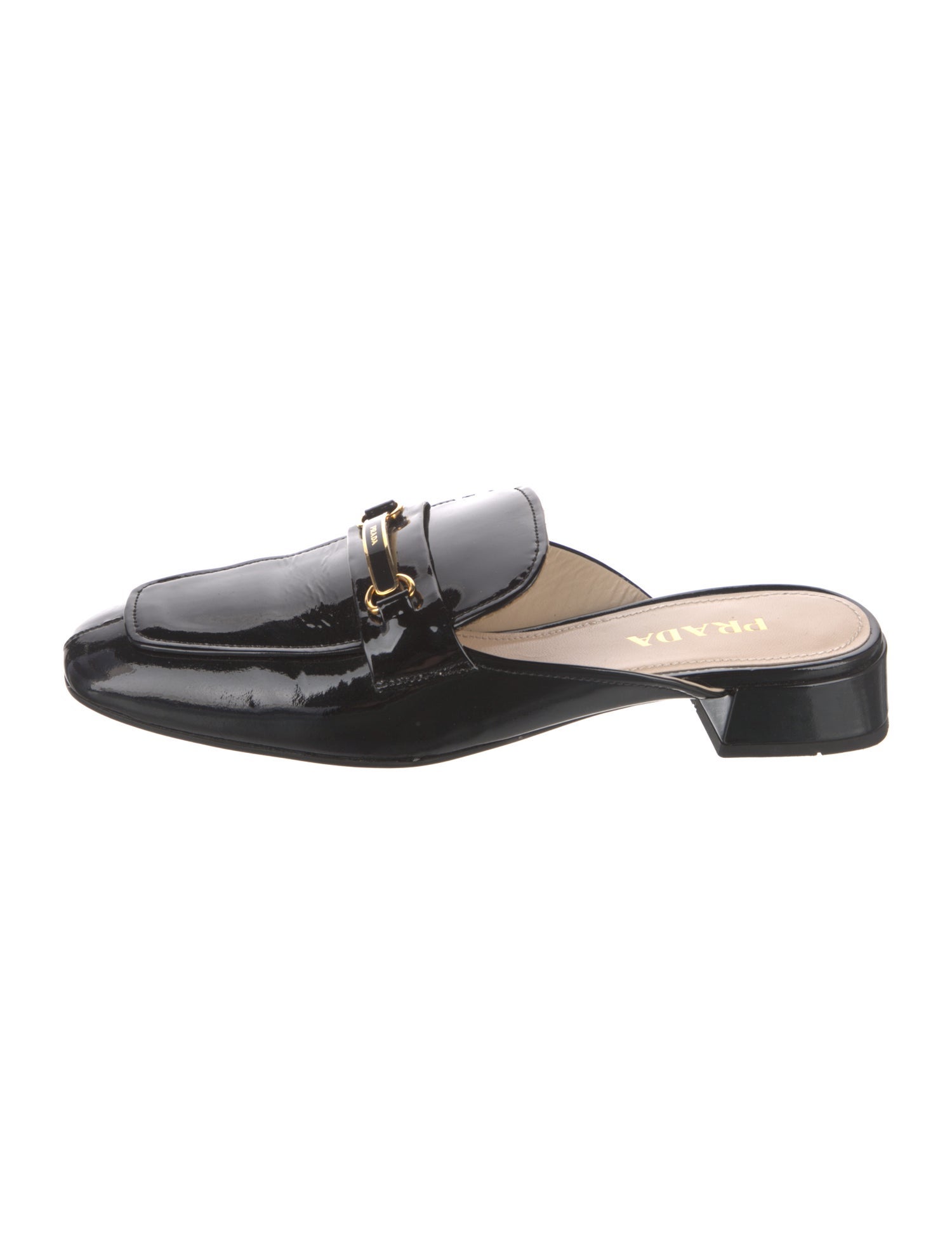 Prada Enameled Metal Triangle Patent Leather Mules