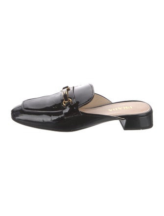 Prada Enameled Metal Triangle Patent Leather Mules