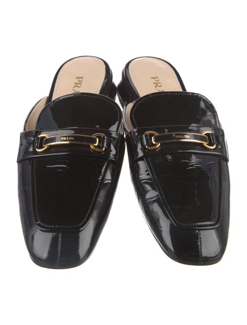 Prada Enameled Metal Triangle Patent Leather Mules