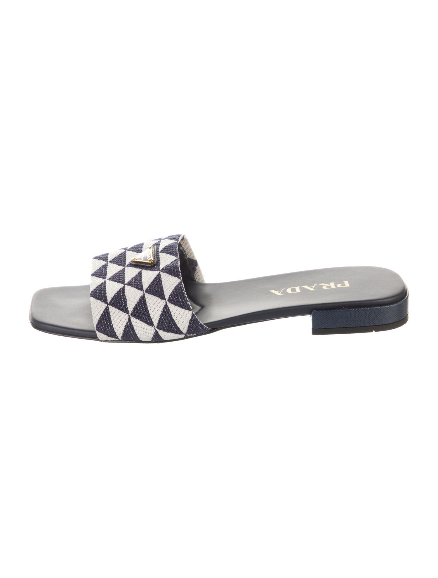 Prada Enameled Metal Triangle Canvas Slides