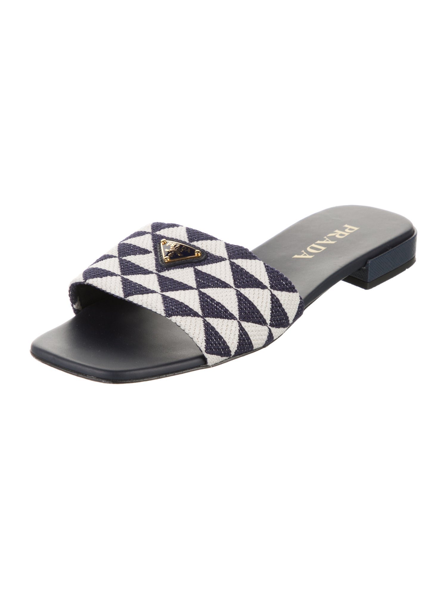 Prada Enameled Metal Triangle Canvas Slides