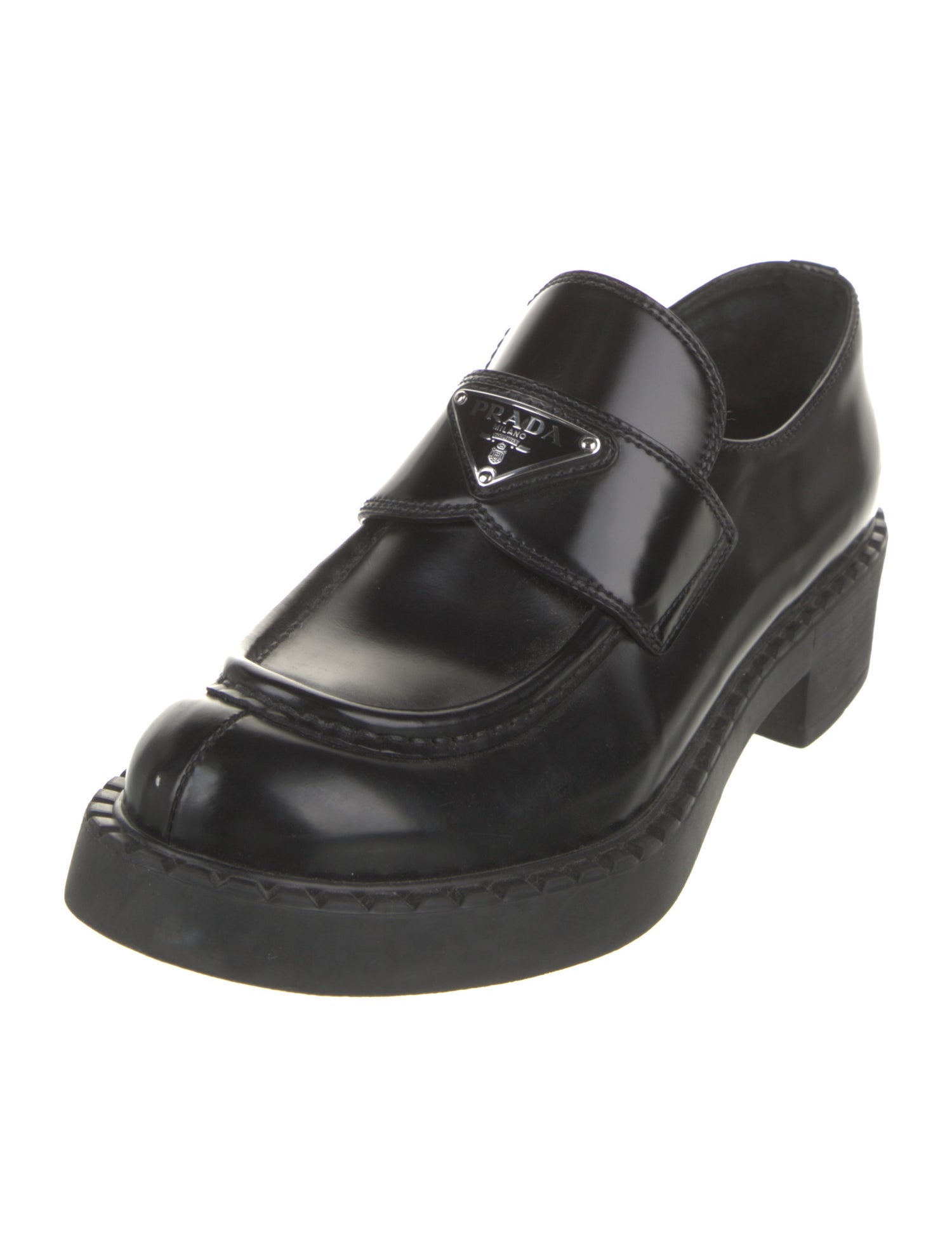 Prada Enameled Metal Triangle Patent Leather Oxfords