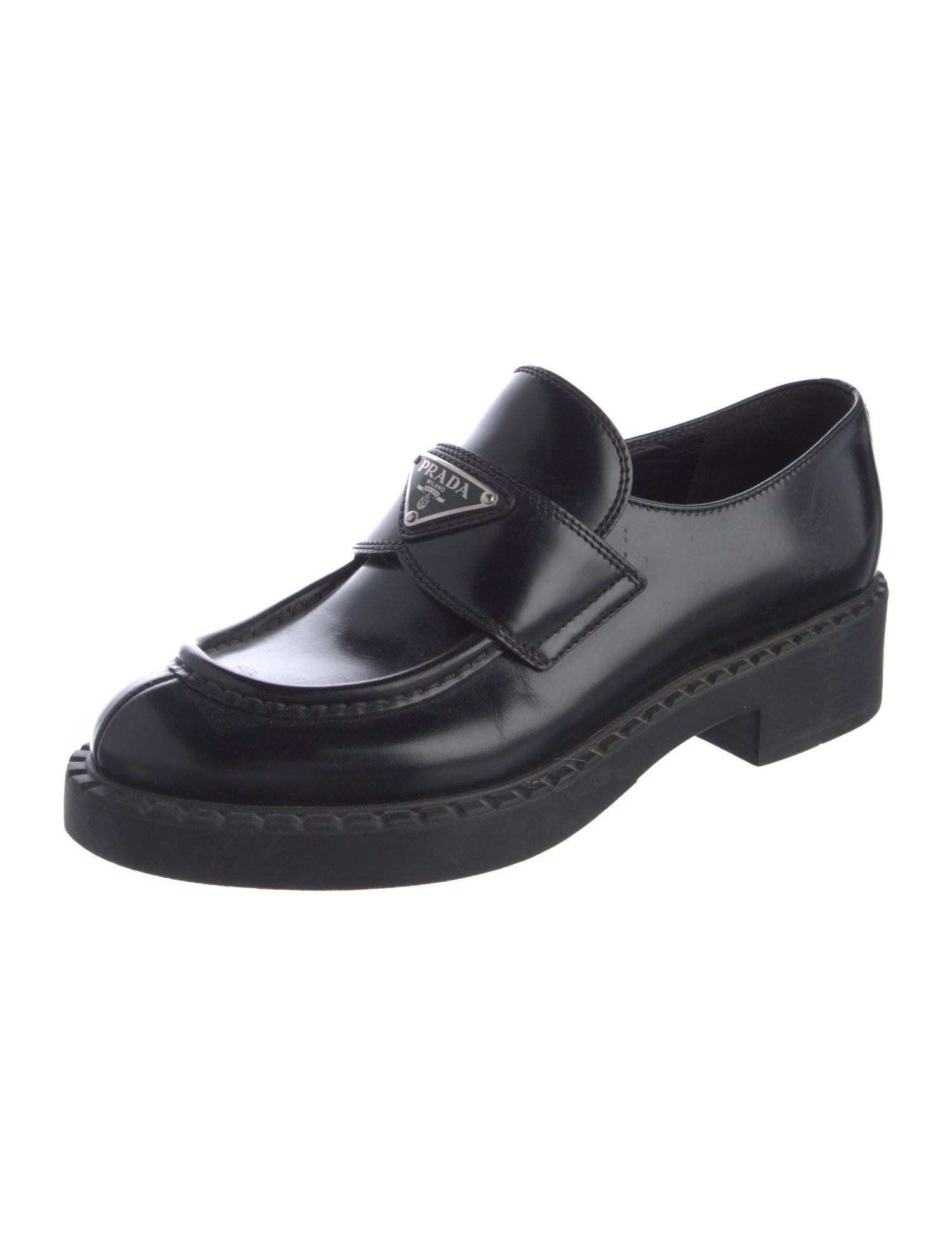 Prada Enameled Metal Triangle Leather Oxfords