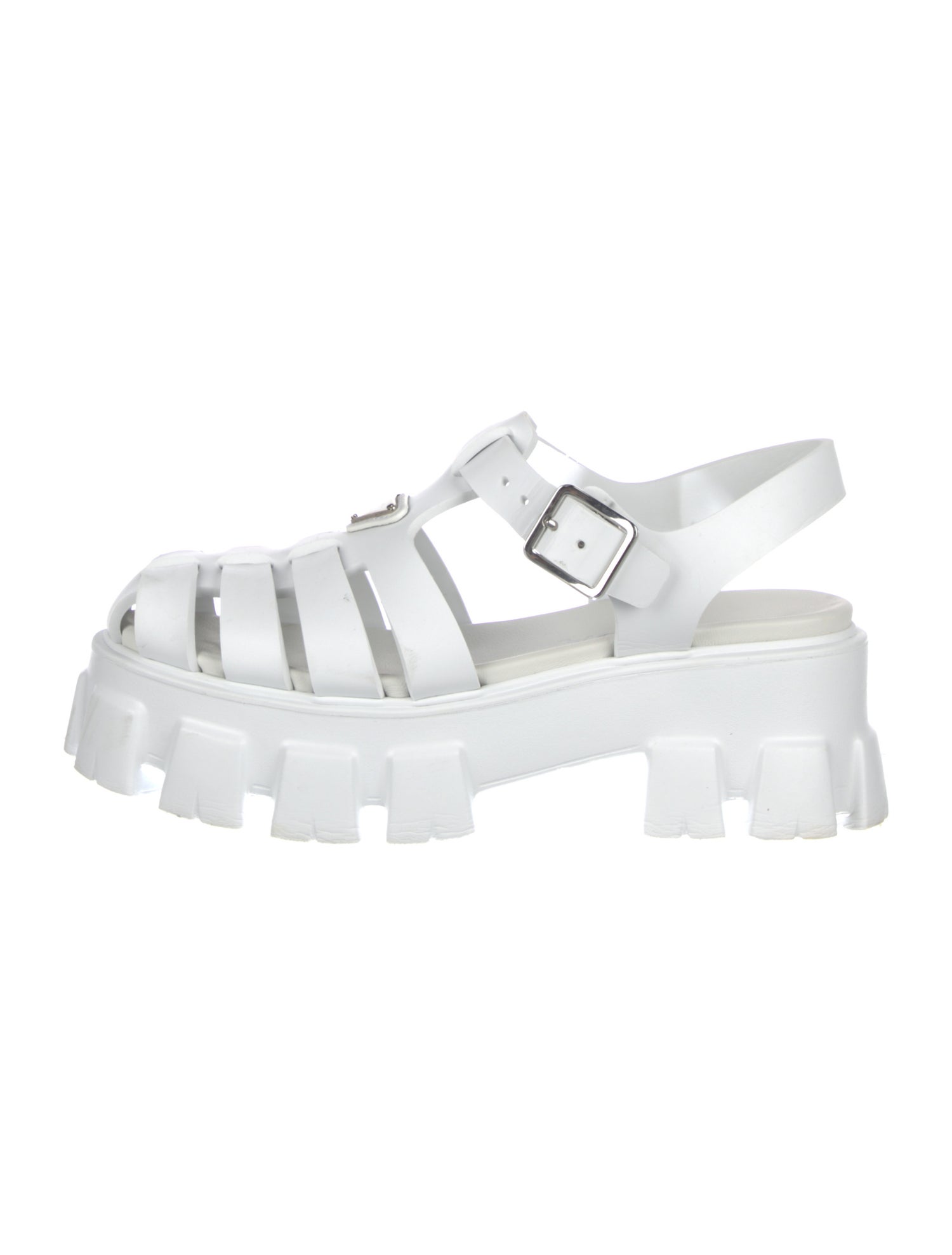 Prada Enameled Metal Triangle Rubber Slingback Sandals