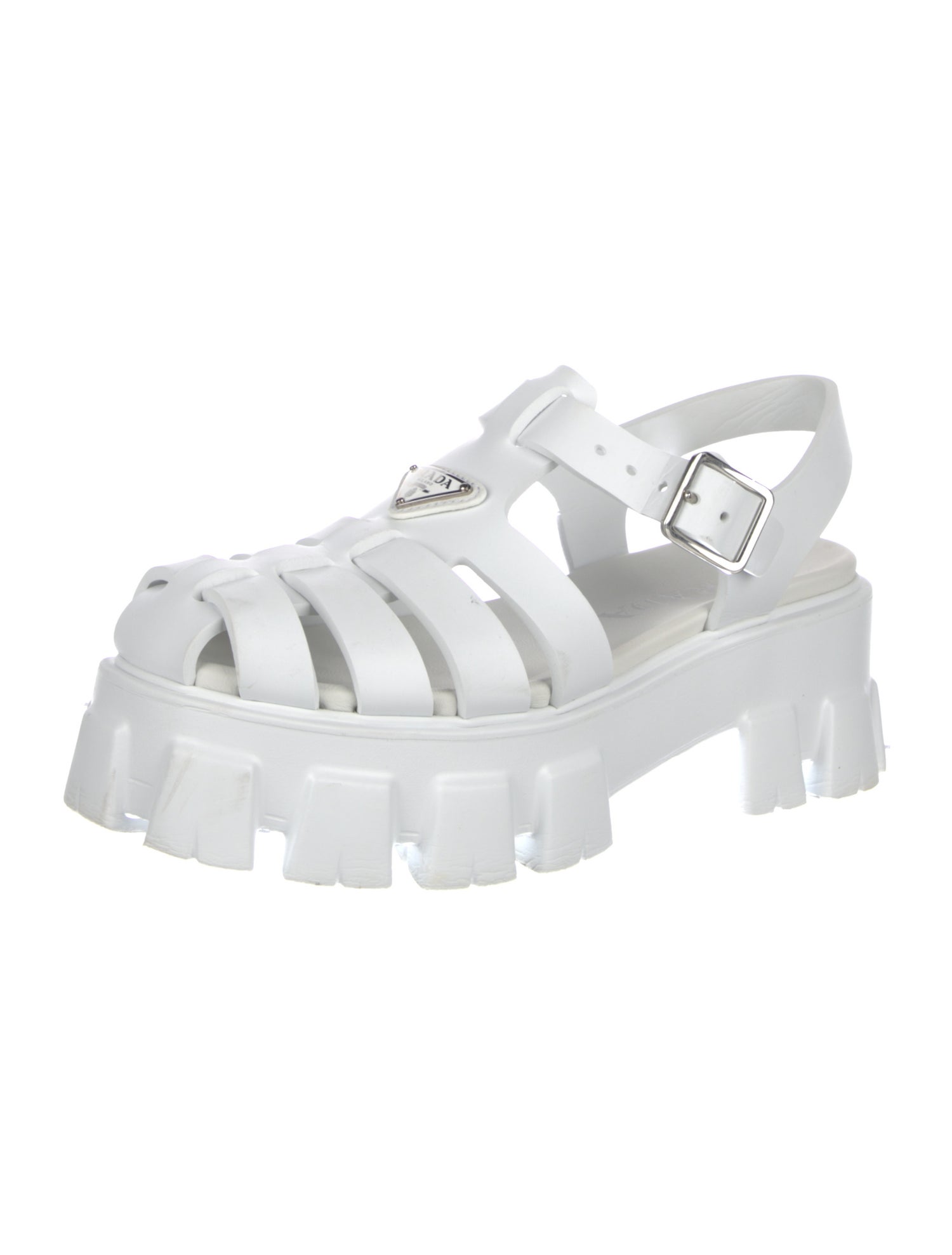 Prada Enameled Metal Triangle Rubber Slingback Sandals