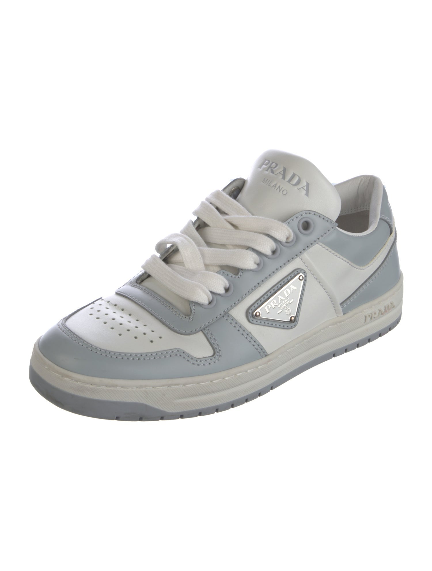 Prada Enameled Metal Triangle Leather Sneakers