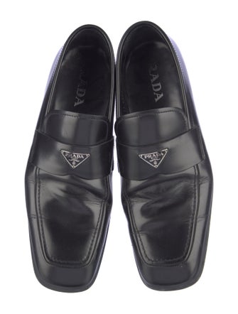 Prada Enameled Metal Triangle Leather Loafers