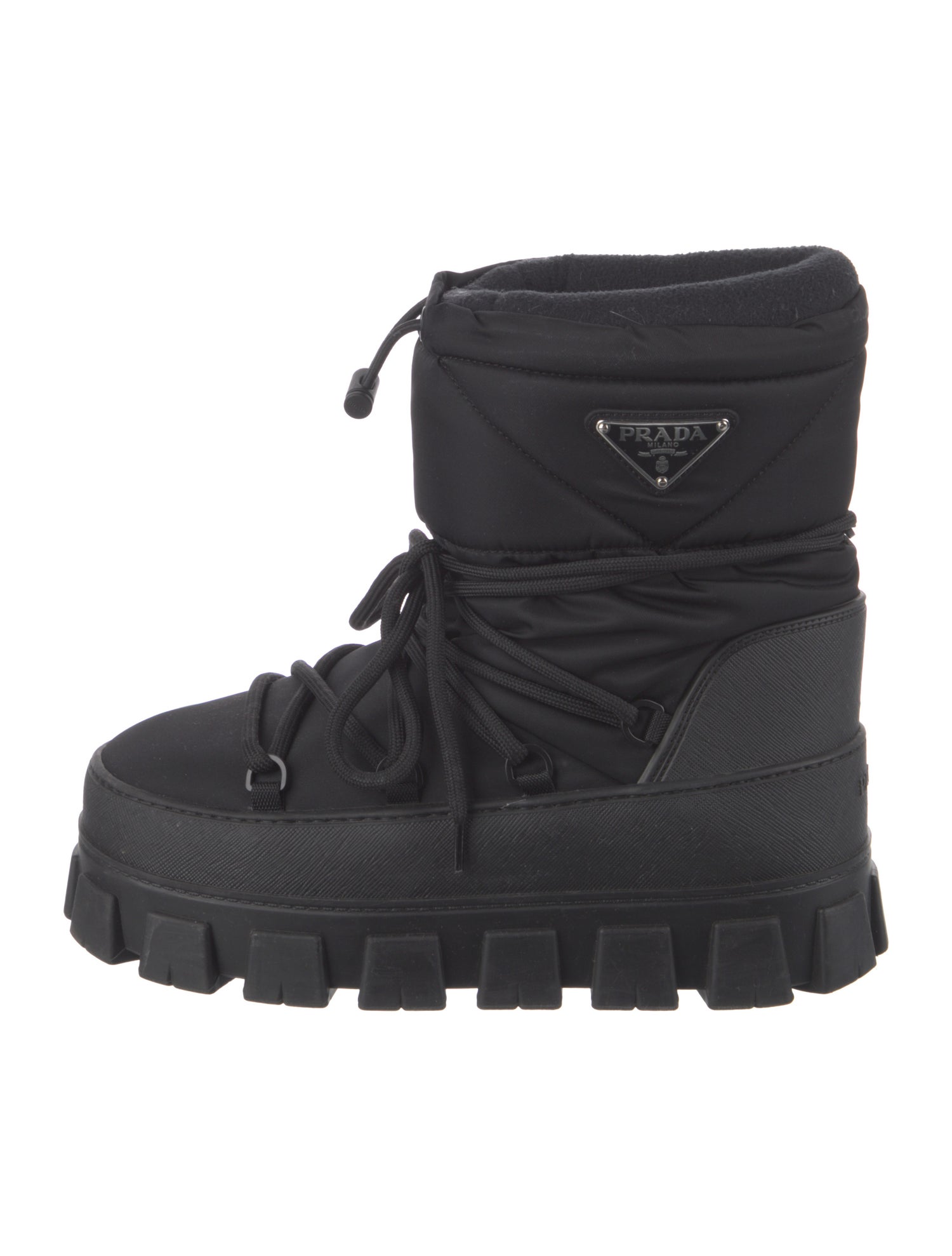 Prada Enameled Metal Triangle Nylon Lace-Up Boots