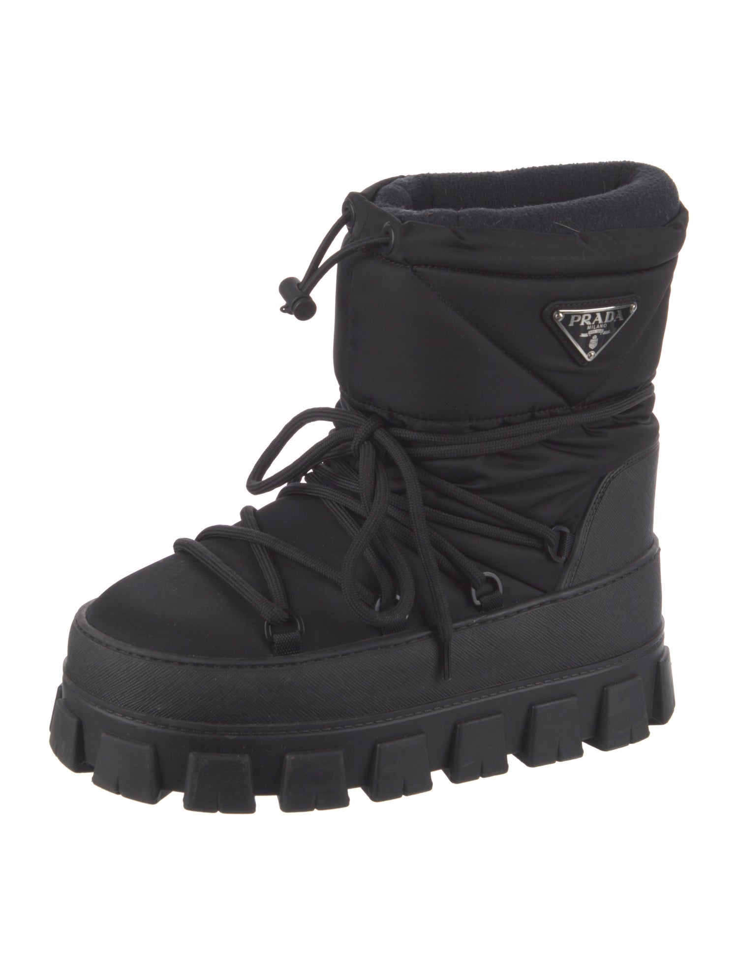 Prada Enameled Metal Triangle Nylon Lace-Up Boots