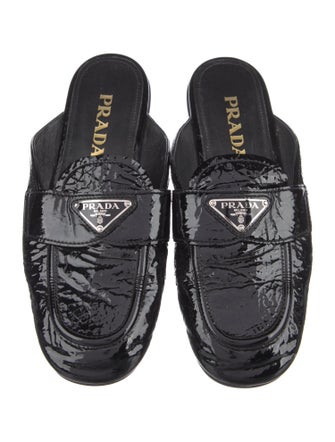 Prada Enameled Metal Triangle Patent Leather Mules