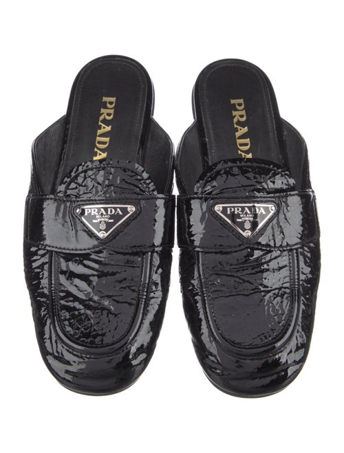 Prada Enameled Metal Triangle Patent Leather Mules
