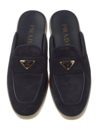 Prada Enameled Metal Triangle Suede Mules
