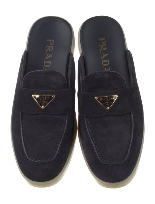 Prada Enameled Metal Triangle Suede Mules