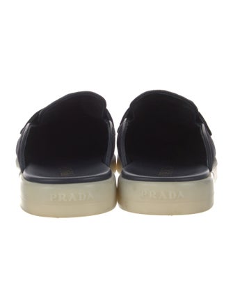 Prada Enameled Metal Triangle Suede Mules