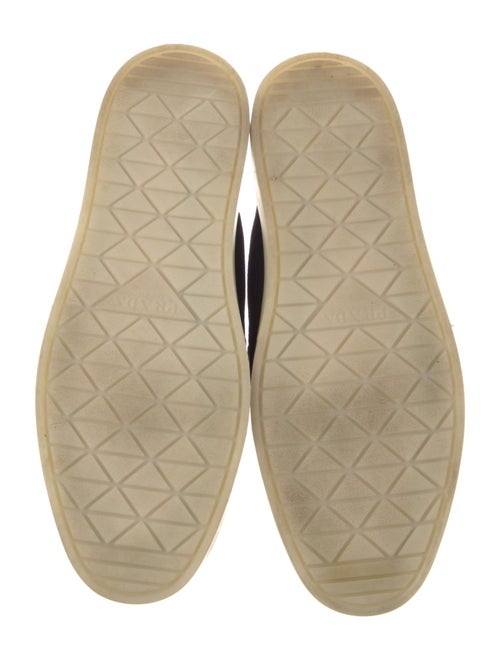 Prada Enameled Metal Triangle Suede Mules