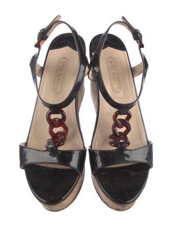 Prada Patent Leather Chain-Link Accents T-Strap Sandals
