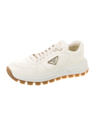 Prada Enameled Metal Triangle Leather Sneakers
