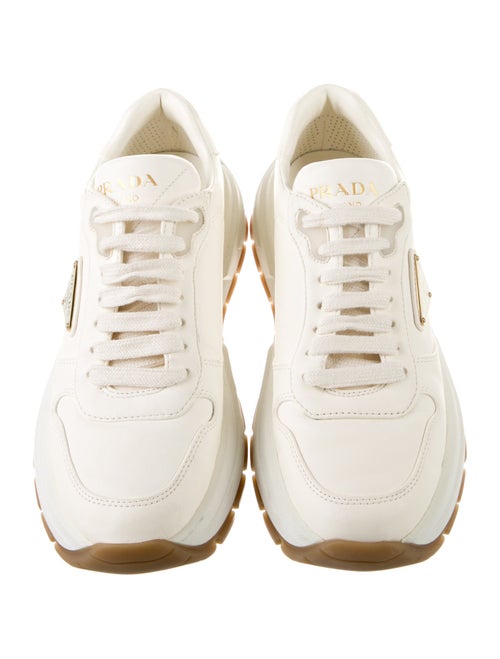 Prada Enameled Metal Triangle Leather Sneakers