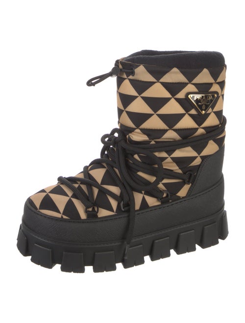 Prada Enameled Metal Triangle Nylon Lace-Up Boots