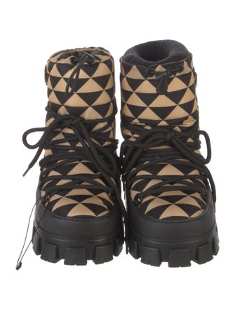 Prada Enameled Metal Triangle Nylon Lace-Up Boots