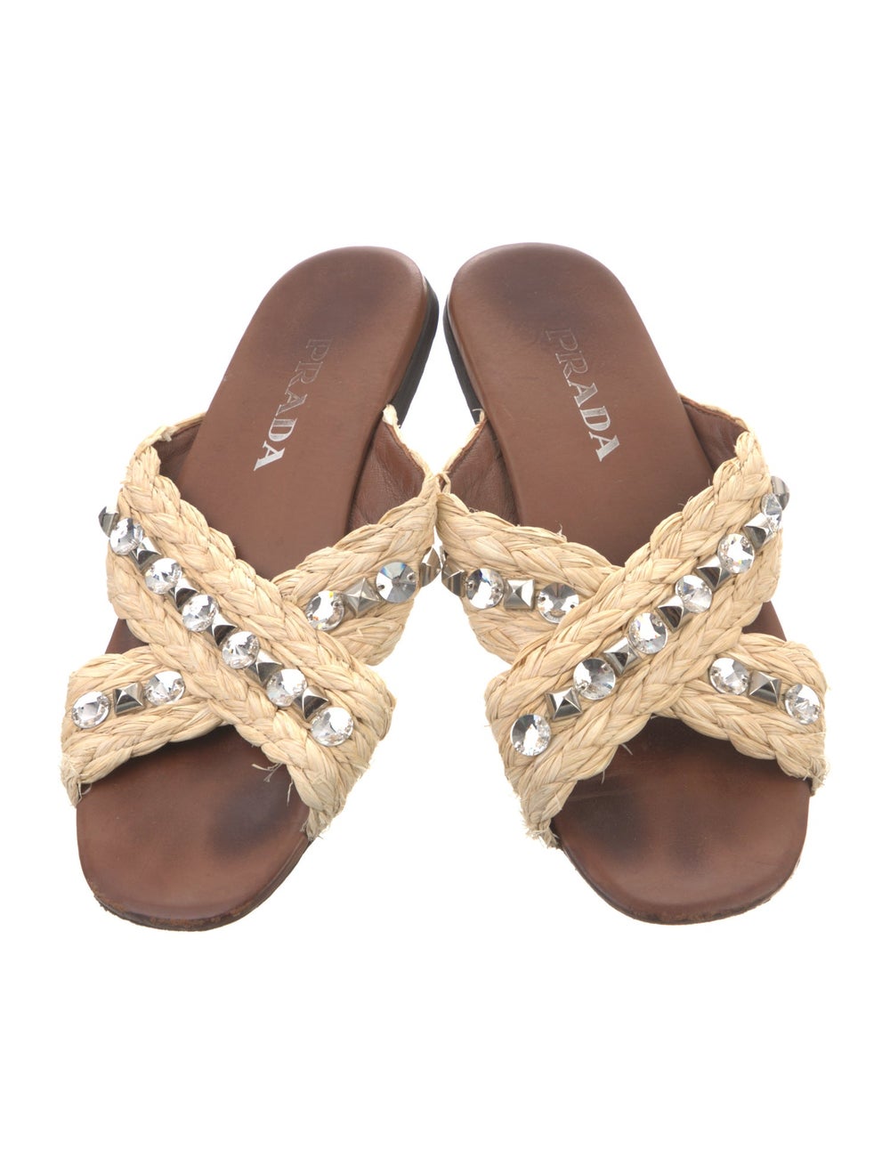 Prada Straw Slides Neutrals Crystal Embellishments - image 3