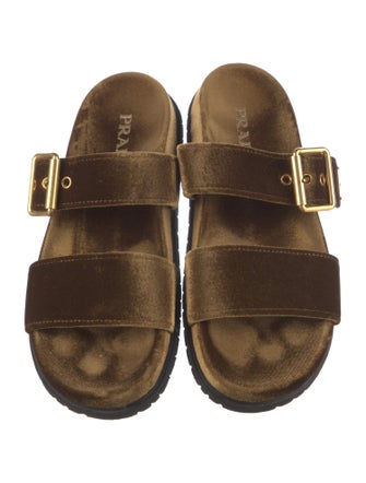 Prada Enameled Metal Triangle Velvet Slides