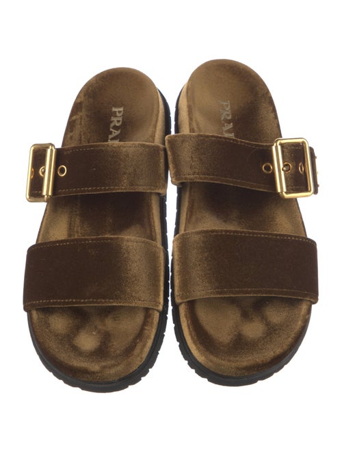 Prada Enameled Metal Triangle Velvet Slides