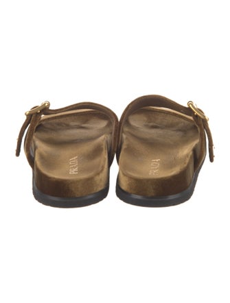 Prada Enameled Metal Triangle Velvet Slides