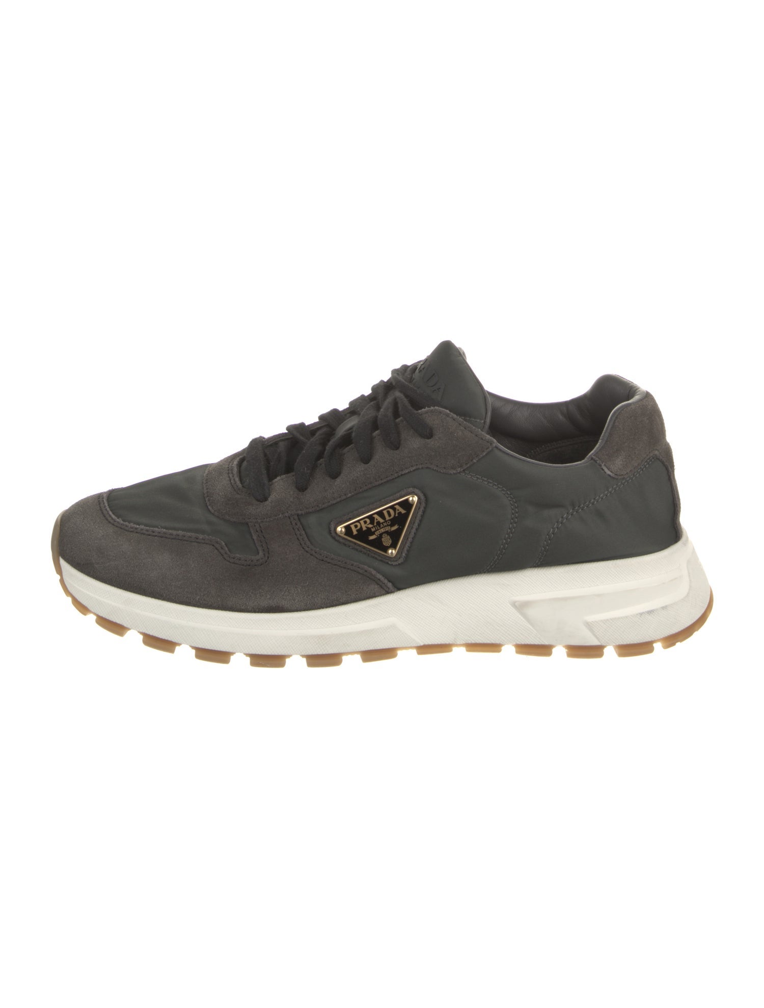 Prada Enameled Metal Triangle Suede Athletic Sneakers