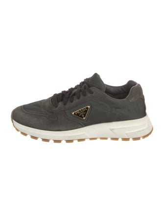 Prada Enameled Metal Triangle Suede Athletic Sneakers