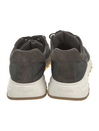 Prada Enameled Metal Triangle Suede Athletic Sneakers