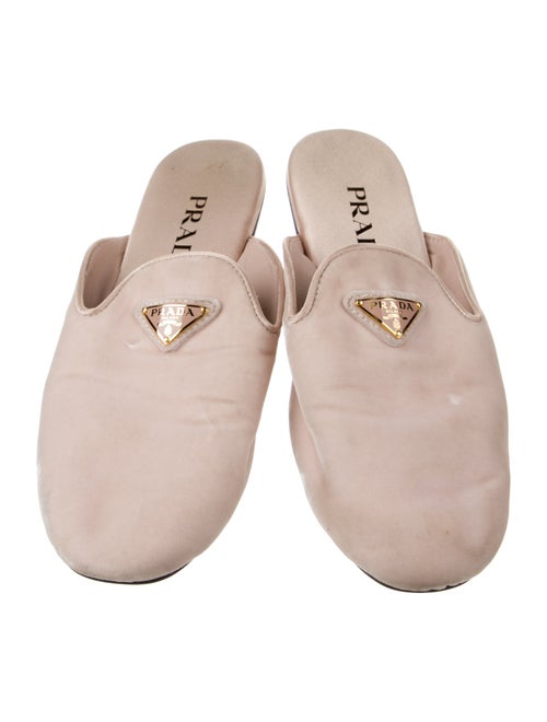 Prada Enameled Metal Triangle Velvet Mules