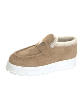 Prada Enameled Metal Triangle Suede Loafers