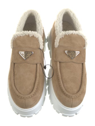 Prada Enameled Metal Triangle Suede Loafers